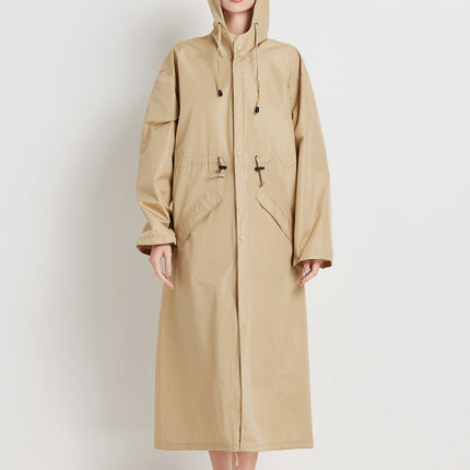 Size M Khaki Women's Chic Lightweight Waterproof Raincoat - Long Hooded Packable Rain Jacket with Pouch