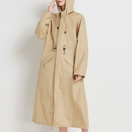 Size M Khaki Women's Chic Lightweight Waterproof Raincoat - Long Hooded Packable Rain Jacket with Pouch