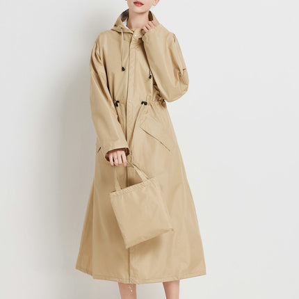 Size L Khaki Women's Chic Lightweight Waterproof Raincoat - Long Hooded Packable Rain Jacket with Pouch