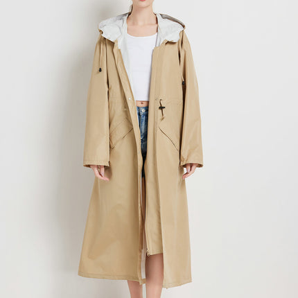 Size L Khaki Women's Chic Lightweight Waterproof Raincoat - Long Hooded Packable Rain Jacket with Pouch