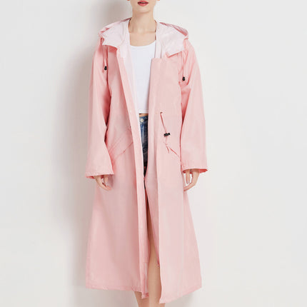 Size L Pink Women's Chic Lightweight Waterproof Raincoat - Long Hooded Packable Rain Jacket with Pouch