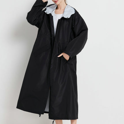 Size L Black Women's Chic Lightweight Waterproof Raincoat - Long Hooded Packable Rain Jacket with Pouch