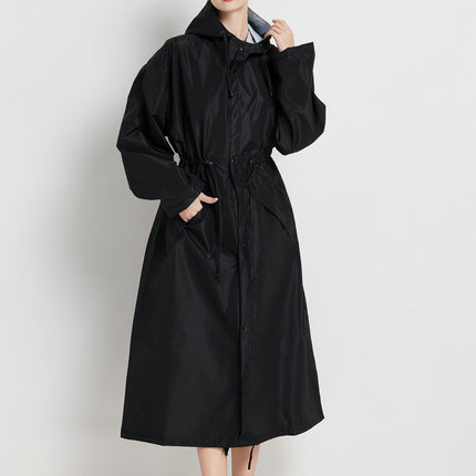 Size XL Black Women's Chic Lightweight Waterproof Raincoat - Long Hooded Packable Rain Jacket with Pouch