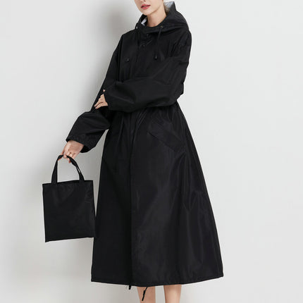 Size XL Black Women's Chic Lightweight Waterproof Raincoat - Long Hooded Packable Rain Jacket with Pouch
