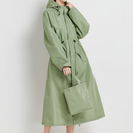 Size L Green Women's Chic Lightweight Waterproof Raincoat - Long Hooded Packable Rain Jacket with Pouch
