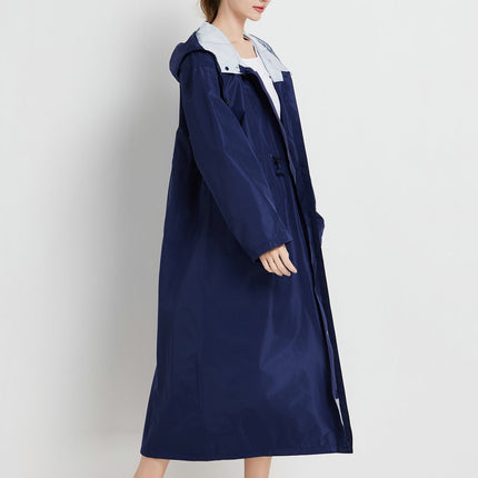 Size XL Dark Blue Women's Chic Lightweight Waterproof Raincoat - Long Hooded Packable Rain Jacket with Pouch