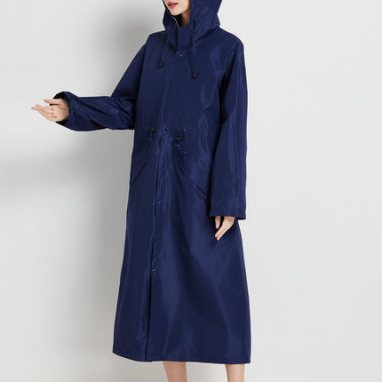 Size L Dark Blue Women's Chic Lightweight Waterproof Raincoat - Long Hooded Packable Rain Jacket with Pouch