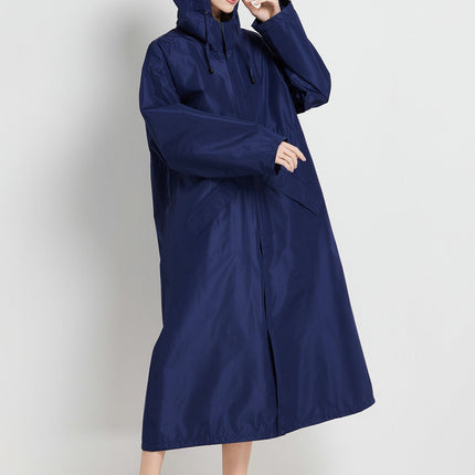 Size L Dark Blue Women's Chic Lightweight Waterproof Raincoat - Long Hooded Packable Rain Jacket with Pouch