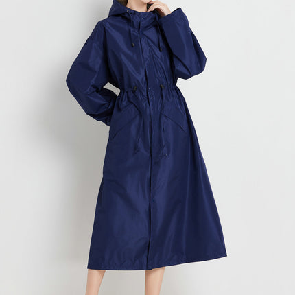 Size L Dark Blue Women's Chic Lightweight Waterproof Raincoat - Long Hooded Packable Rain Jacket with Pouch