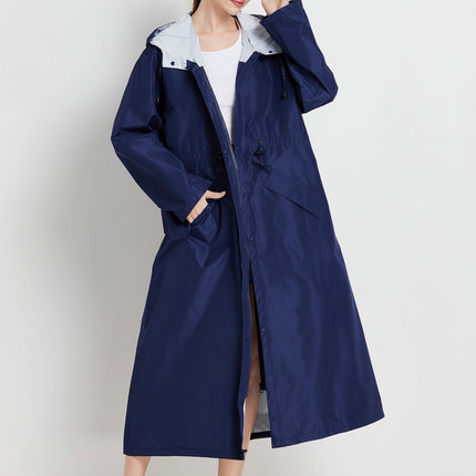 Size L Dark Blue Women's Chic Lightweight Waterproof Raincoat - Long Hooded Packable Rain Jacket with Pouch