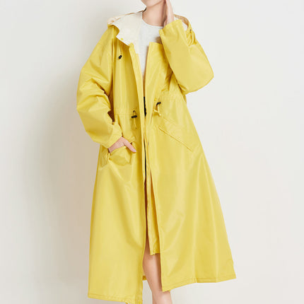 Size XL Yellow Women's Chic Lightweight Waterproof Raincoat - Long Hooded Packable Rain Jacket with Pouch