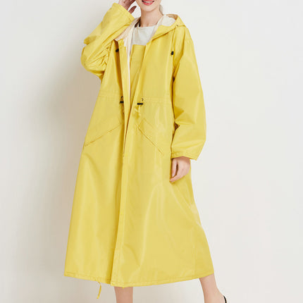 Size XL Yellow Women's Chic Lightweight Waterproof Raincoat - Long Hooded Packable Rain Jacket with Pouch