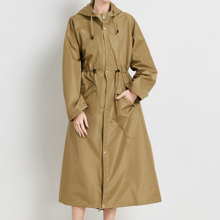 Size L Brown Women's Chic Lightweight Waterproof Raincoat - Long Hooded Packable Rain Jacket with Pouch