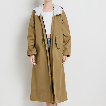 Size L Brown Women's Chic Lightweight Waterproof Raincoat - Long Hooded Packable Rain Jacket with Pouch