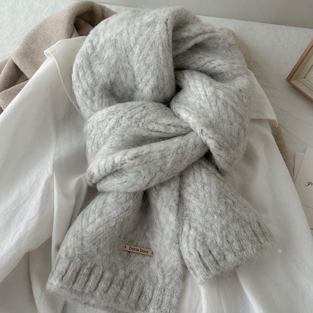 Light Grey Alpaca Wool Blend Solid Color Knitted Scarf for Women Winter New Style Student Couple Woolen Neck
