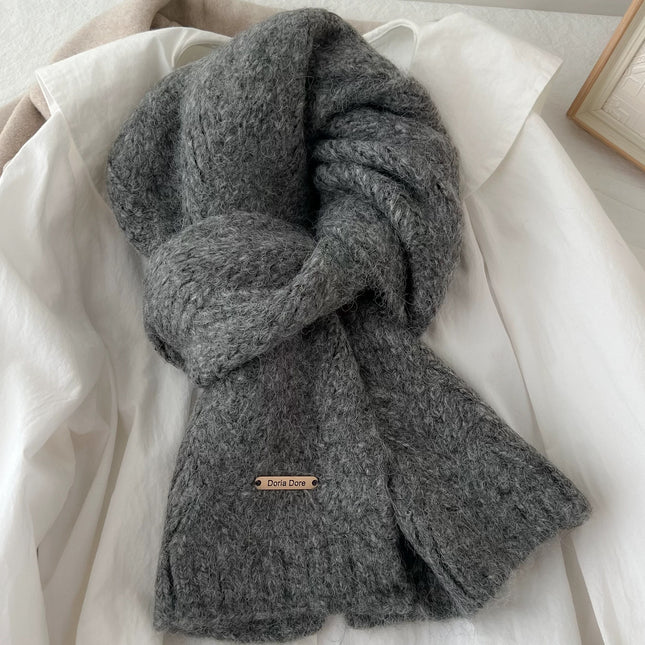 Dark Grey Alpaca Wool Blend Solid Color Knitted Scarf for Women Winter New Style Student Couple Woolen Neck