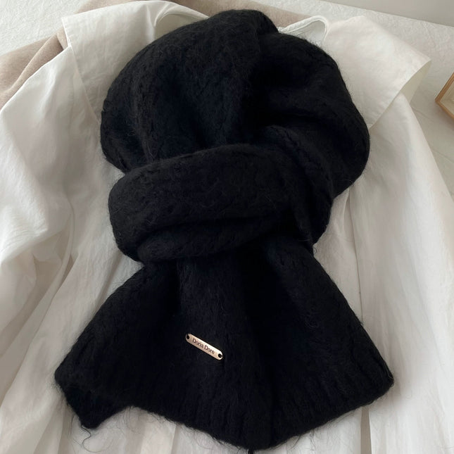 Black Alpaca Wool Blend Solid Color Knitted Scarf for Women Winter New Style Student Couple Woolen Neck