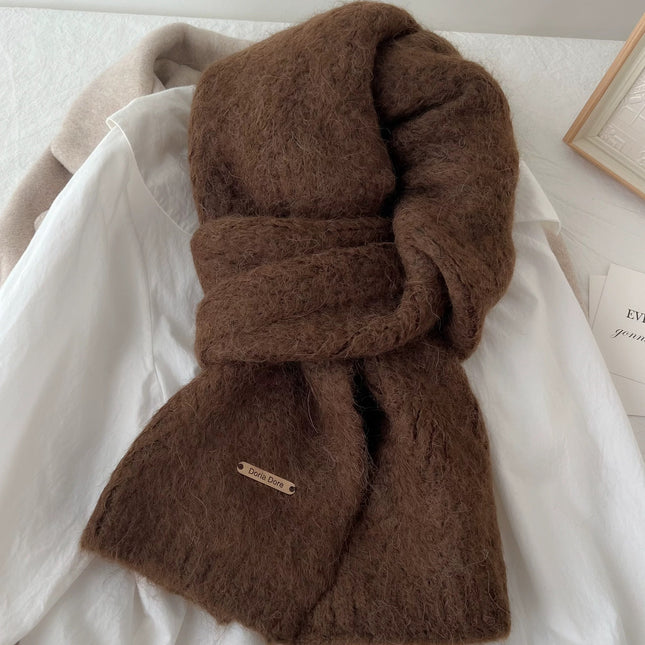 Brown Alpaca Wool Blend Solid Color Knitted Scarf for Women Winter New Style Student Couple Woolen Neck