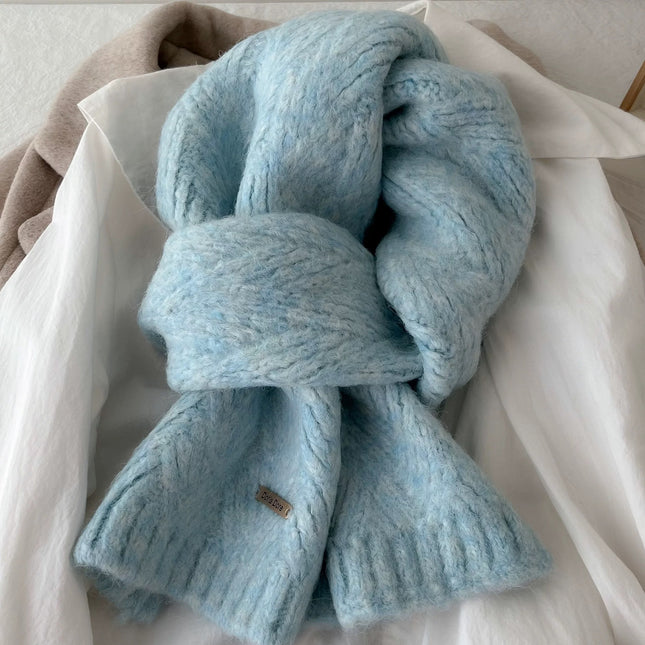 Blue Alpaca Wool Blend Solid Color Knitted Scarf for Women Winter New Style Student Couple Woolen Neck