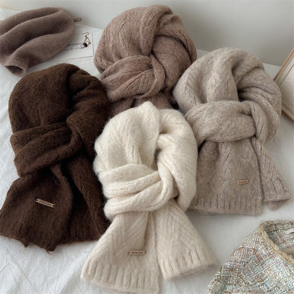 Blue Alpaca Wool Blend Solid Color Knitted Scarf for Women Winter New Style Student High Quality Couple Woolen Neck Warmer