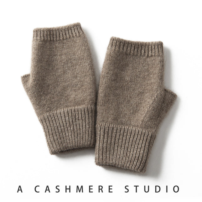 Brown Color Block Cashmere Fingerless Gloves for Women Autumn Winter Outdoor Cold Protection Warm Knitted