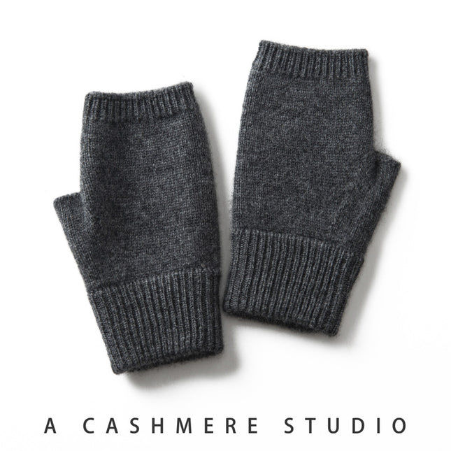Dark Grey Color Block Cashmere Fingerless Gloves for Women Autumn Winter Outdoor Cold Protection Warm