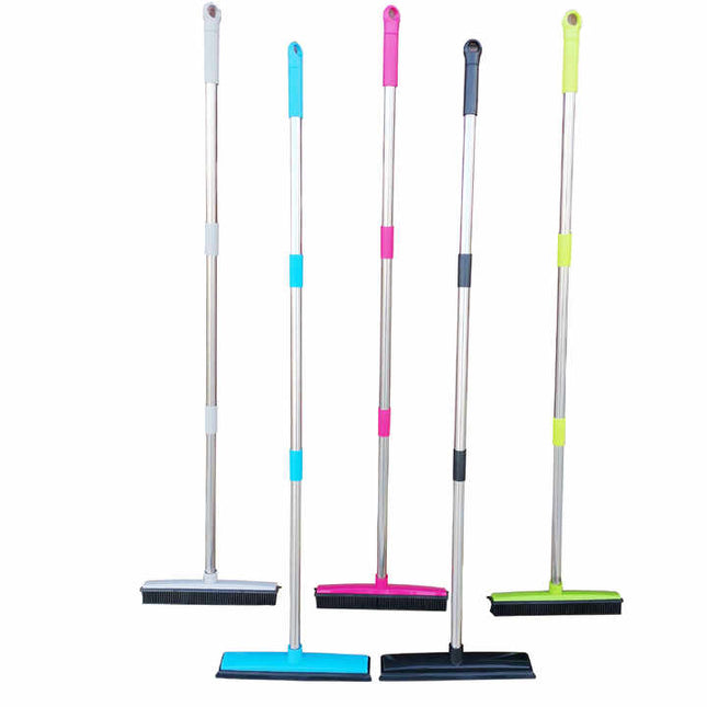 Blue and Silver Versatile Pet Hair Remover Rubber Broom & Squeegee - 125cm Adjustable Stainless Steel Handle for Carpets, Floors & Windows