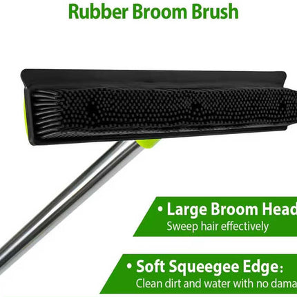 Pink and Silver Versatile Pet Hair Remover Rubber Broom & Squeegee - 125cm Adjustable Stainless Steel Handle for Carpets, Floors & Windows