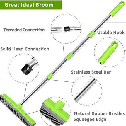 Pink and Silver Versatile Pet Hair Remover Rubber Broom & Squeegee - 125cm Adjustable Stainless Steel Handle for Carpets, Floors & Windows