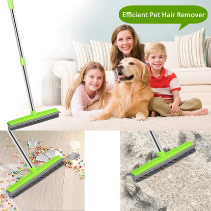 Pink and Silver Versatile Pet Hair Remover Rubber Broom & Squeegee - 125cm Adjustable Stainless Steel Handle for Carpets, Floors & Windows