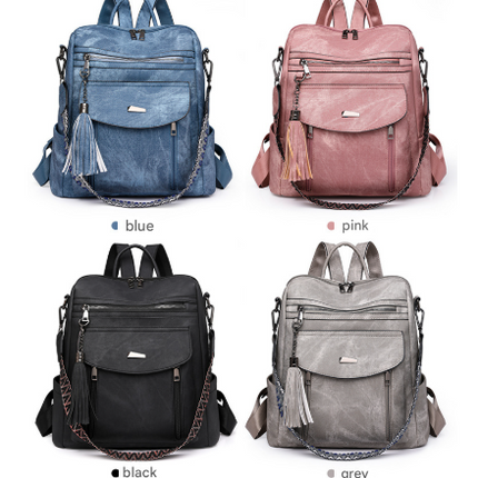 Grey Chic Women's PU Leather Convertible Backpack - Anti-Theft Design, Multi-Pocket Shoulder Bag with Tassel