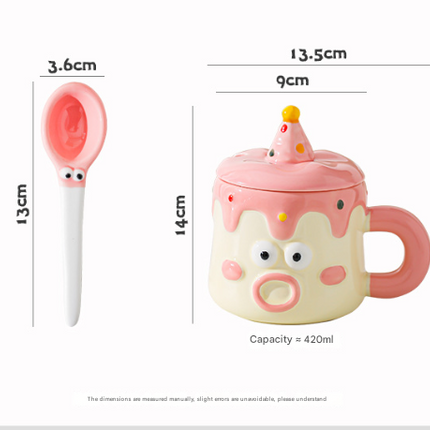 Pink Adorable Cartoon Character Ceramic Mug Set - 420ml with Fun Cake Design Lid & Matching Spoon - Perfect Gift