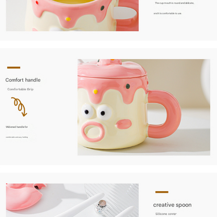 Pink Adorable Cartoon Character Ceramic Mug Set - 420ml with Fun Cake Design Lid & Matching Spoon - Perfect Gift