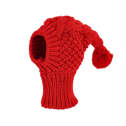 Size M Red Whimsical Knit Dog Hat with Pom-Pom - Cozy Winter Pet Beanie & Snood