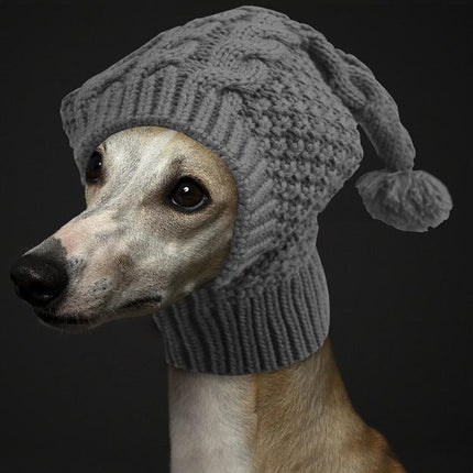 Size M Grey Whimsical Knit Dog Hat with Pom-Pom - Cozy Winter Pet Beanie & Snood