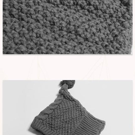 Size M Grey Whimsical Knit Dog Hat with Pom-Pom - Cozy Winter Pet Beanie & Snood