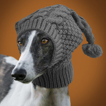 Size L Grey Whimsical Knit Dog Hat with Pom-Pom - Cozy Winter Pet Beanie & Snood
