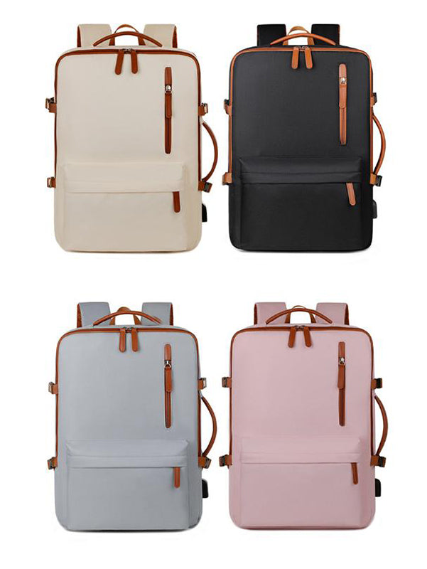 Beige Expandable Laptop Backpack with USB Port - Stylish Travel & Business Daypack