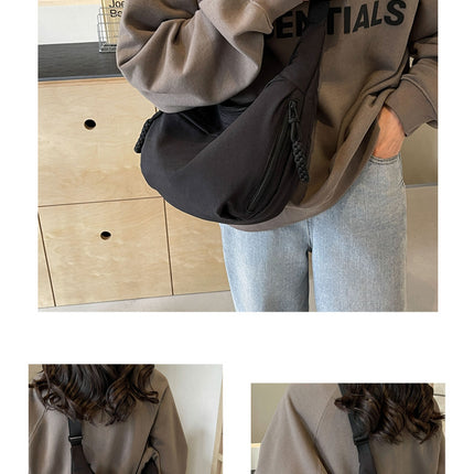 Black Large Nylon Crescent Crossbody Bag - Casual Slouchy Shoulder Purse