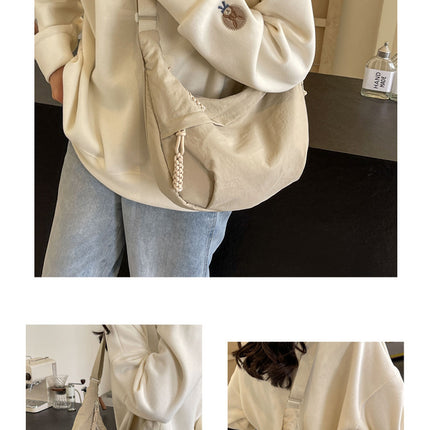 Beige Large Nylon Crescent Crossbody Bag - Casual Slouchy Shoulder Purse