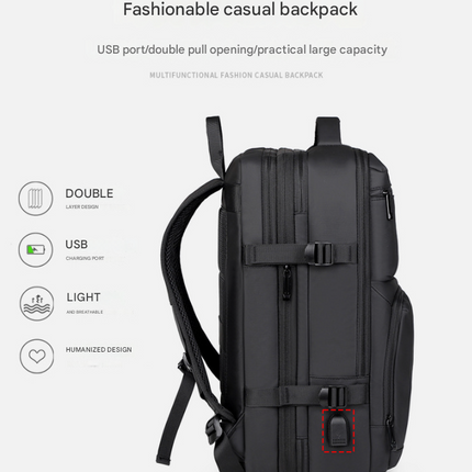 Black Expandable Business Travel Backpack with USB Charging Port - Water-Resistant Laptop Bag for Commuting & Carry-On