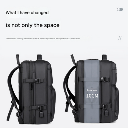 Black Expandable Business Travel Backpack with USB Charging Port - Water-Resistant Laptop Bag for Commuting & Carry-On