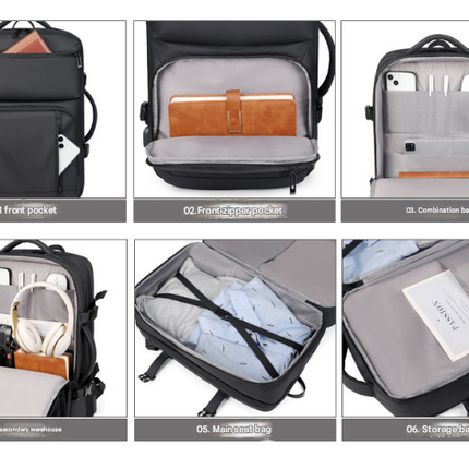 Black Expandable Business Travel Backpack with USB Charging Port - Water-Resistant Laptop Bag for Commuting & Carry-On