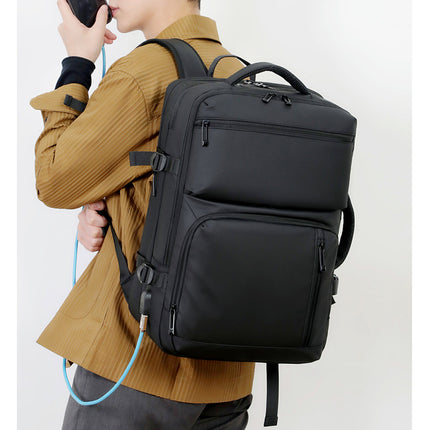 Black Expandable Business Travel Backpack with USB Charging Port - Water-Resistant Laptop Bag for Commuting & Carry-On