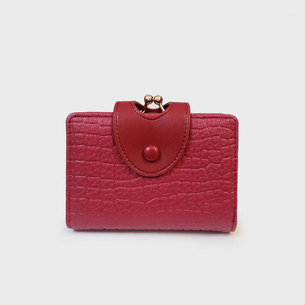 Red Elegant Croc Embossed Womens Wallet - Short PU Leather Bifold with Removable Kisslock Coin Purse & Card Holder