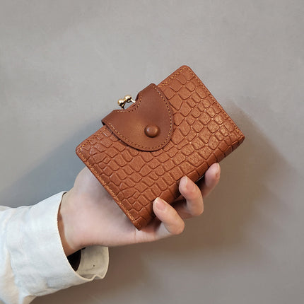 Brown Elegant Croc Embossed Womens Wallet - Short PU Leather Bifold with Removable Kisslock Coin Purse & Card Holder