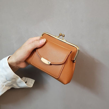 Brown Vintage Style Women's Kiss Lock Coin Purse - Compact PU Leather Wallet with Card Holder