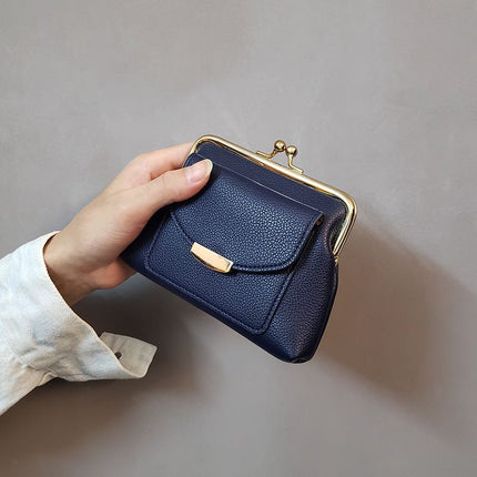 Dark Blue Vintage Style Women's Kiss Lock Coin Purse - Compact PU Leather Wallet with Card Holder