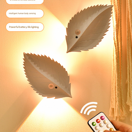 White Leaf-Shaped LED Motion Sensor Night Light - USB Rechargeable Wireless Wall Lamp with Remote Control
