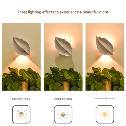 White Leaf-Shaped LED Motion Sensor Night Light - USB Rechargeable Wireless Wall Lamp with Remote Control